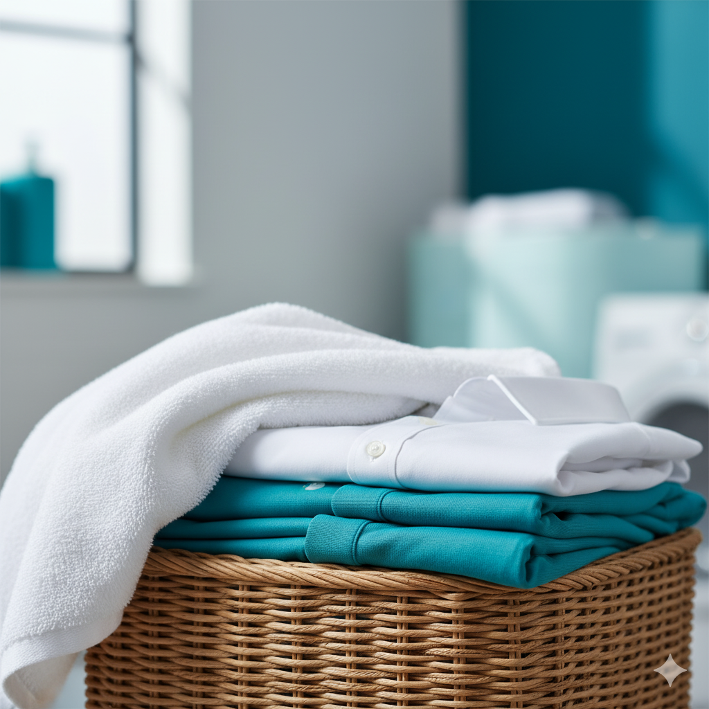 Wicker Basket With Fluffy Folded Laundry